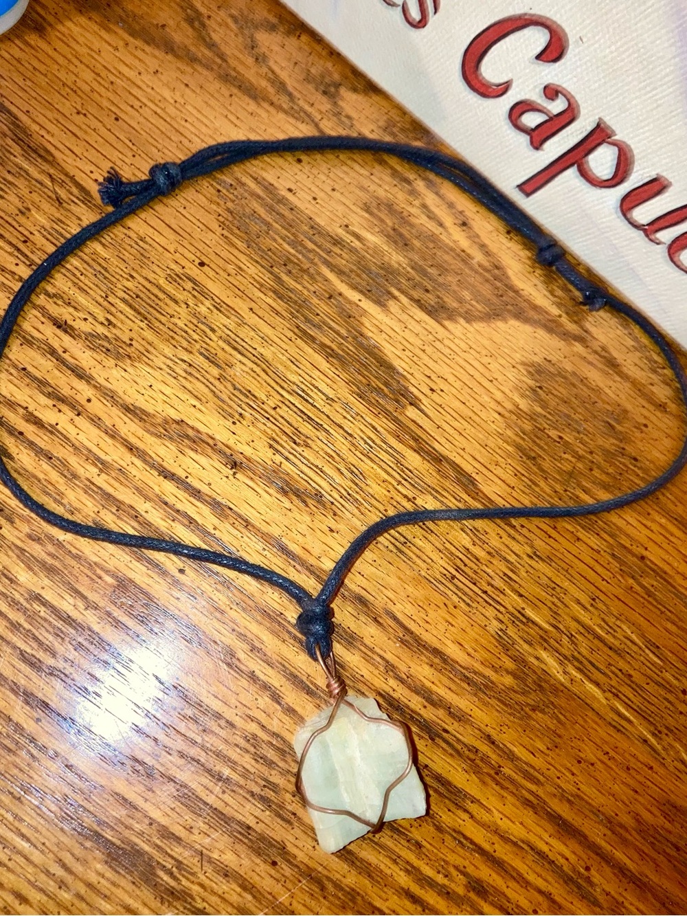 Wire Wrapped Stone Pendant Necklace on Leather Necklace - Green Calcitrate